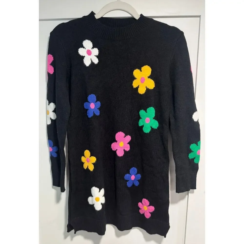 Hannah Banana Sweater Dress Retro Colorful Flowers Playful Kids Size 12